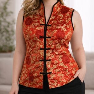 Elegant Red and Gold Asian Vest